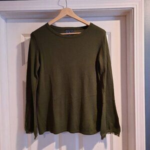 Duffield‎ Lane Sweater Womens Large Green Flare Sleeve Fringe Trim Boho